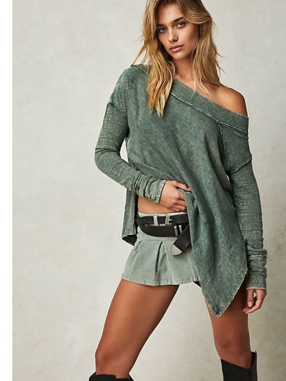 Free People To the Right Off the Shoulder Long Sleeve Top Medium Green NWT
